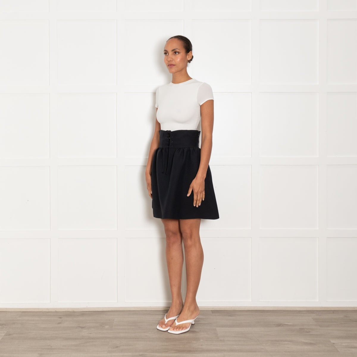 Christian Dior Black Lace Up Waist Wool Blend Skirt