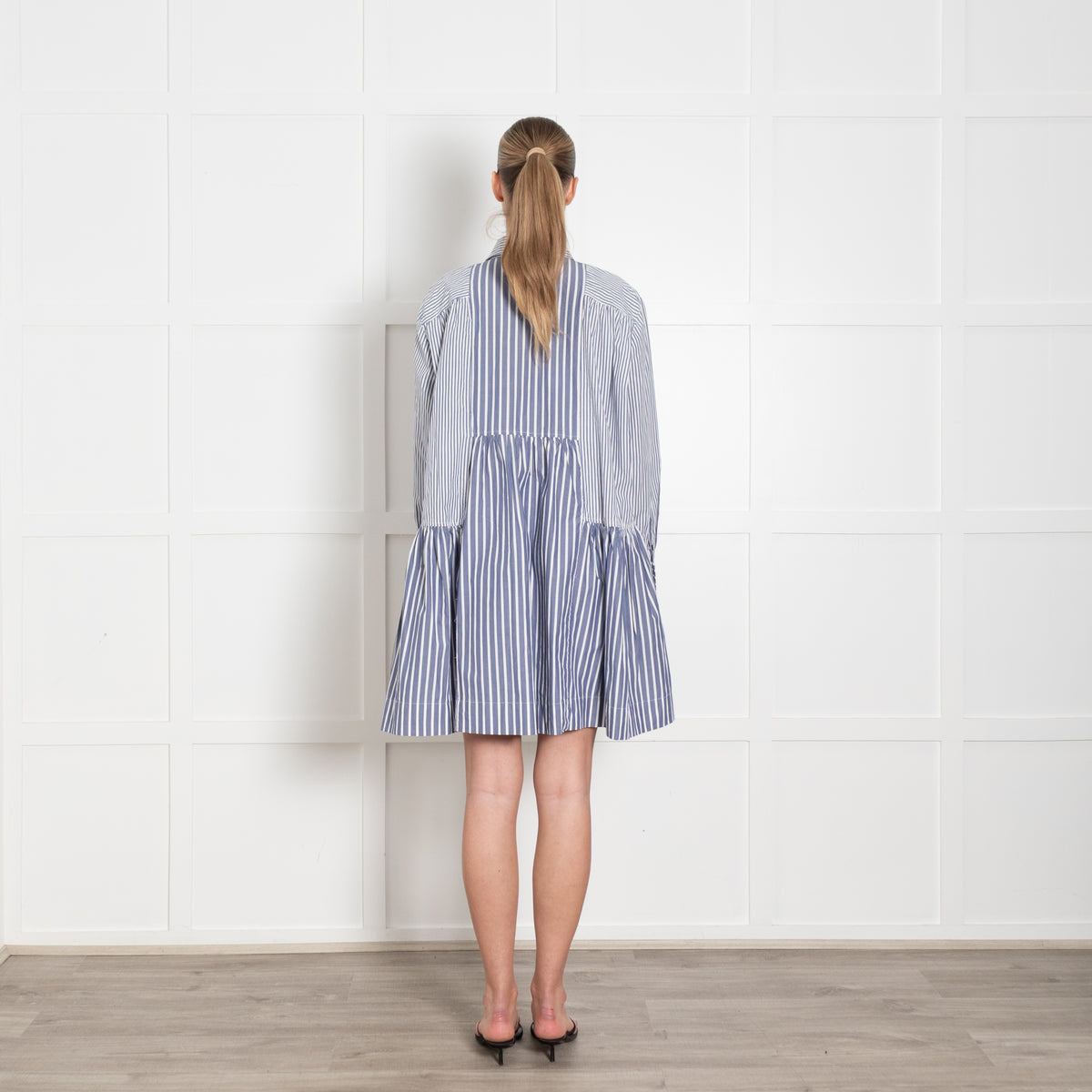 Ganni Blue & White Striped Short Dress With Long Sleeves
