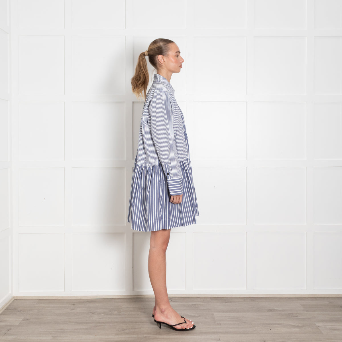 Ganni Blue & White Striped Short Dress With Long Sleeves