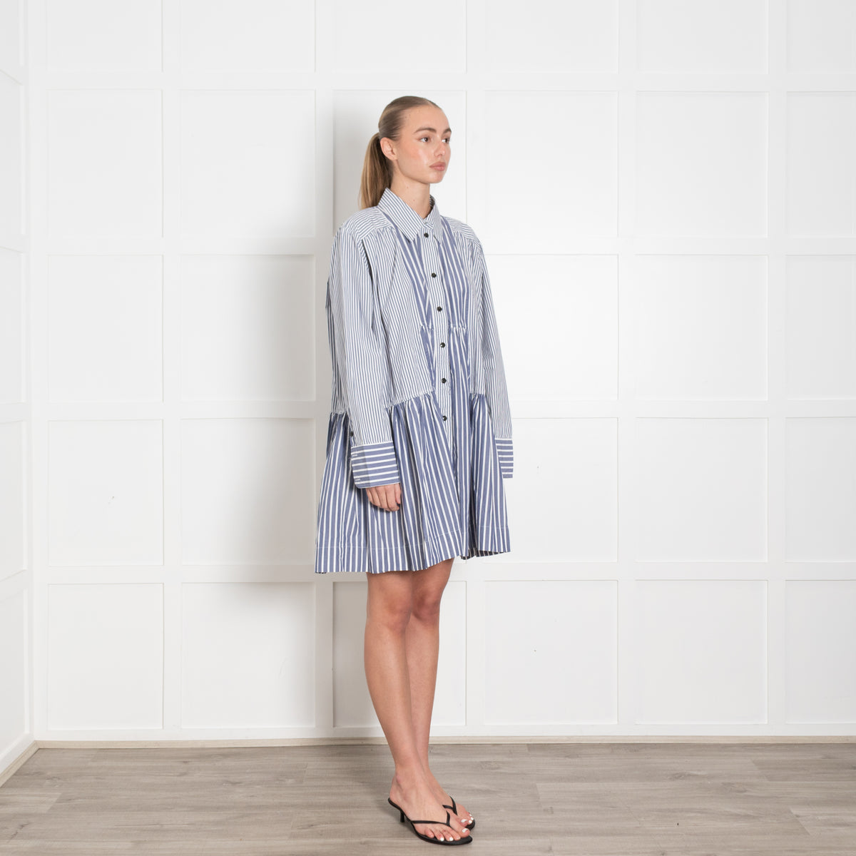 Ganni Blue & White Striped Short Dress With Long Sleeves