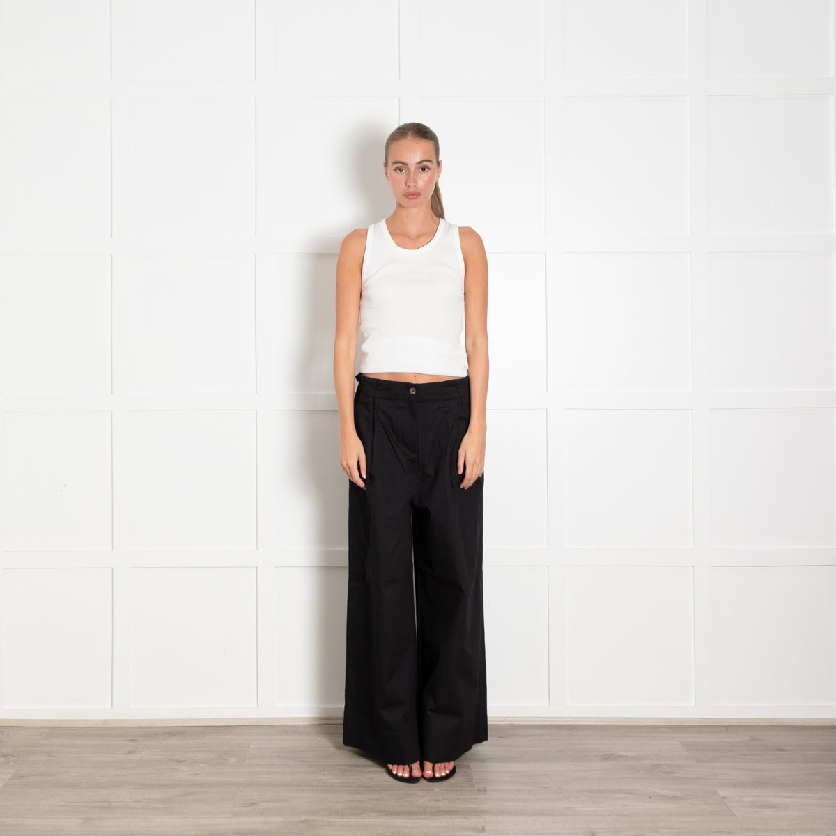 Merlette Black Cotton Cinch Waist Wide Leg Trousers