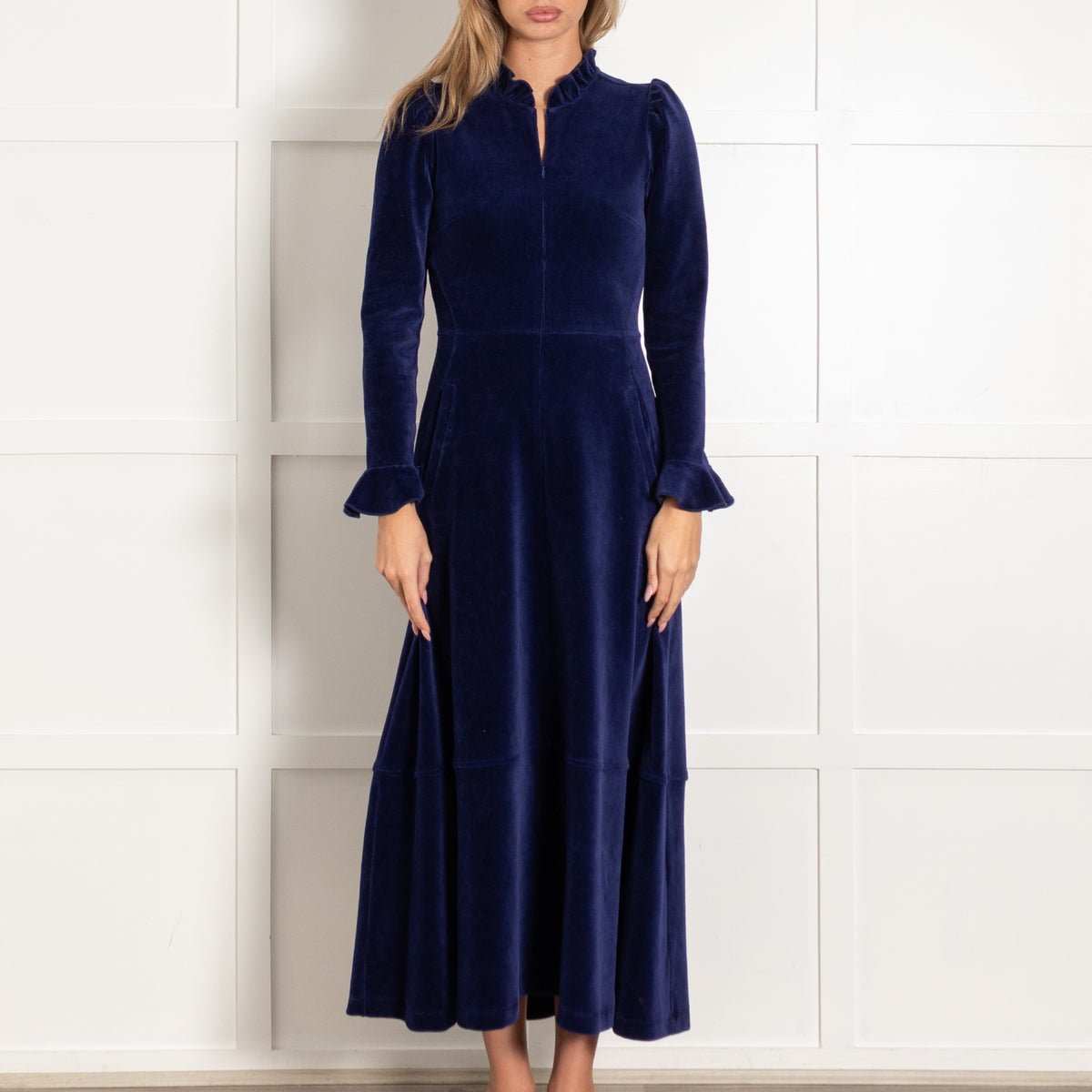ME+EM Navy Blue Velvet Long-Sleeve Maxi Dress