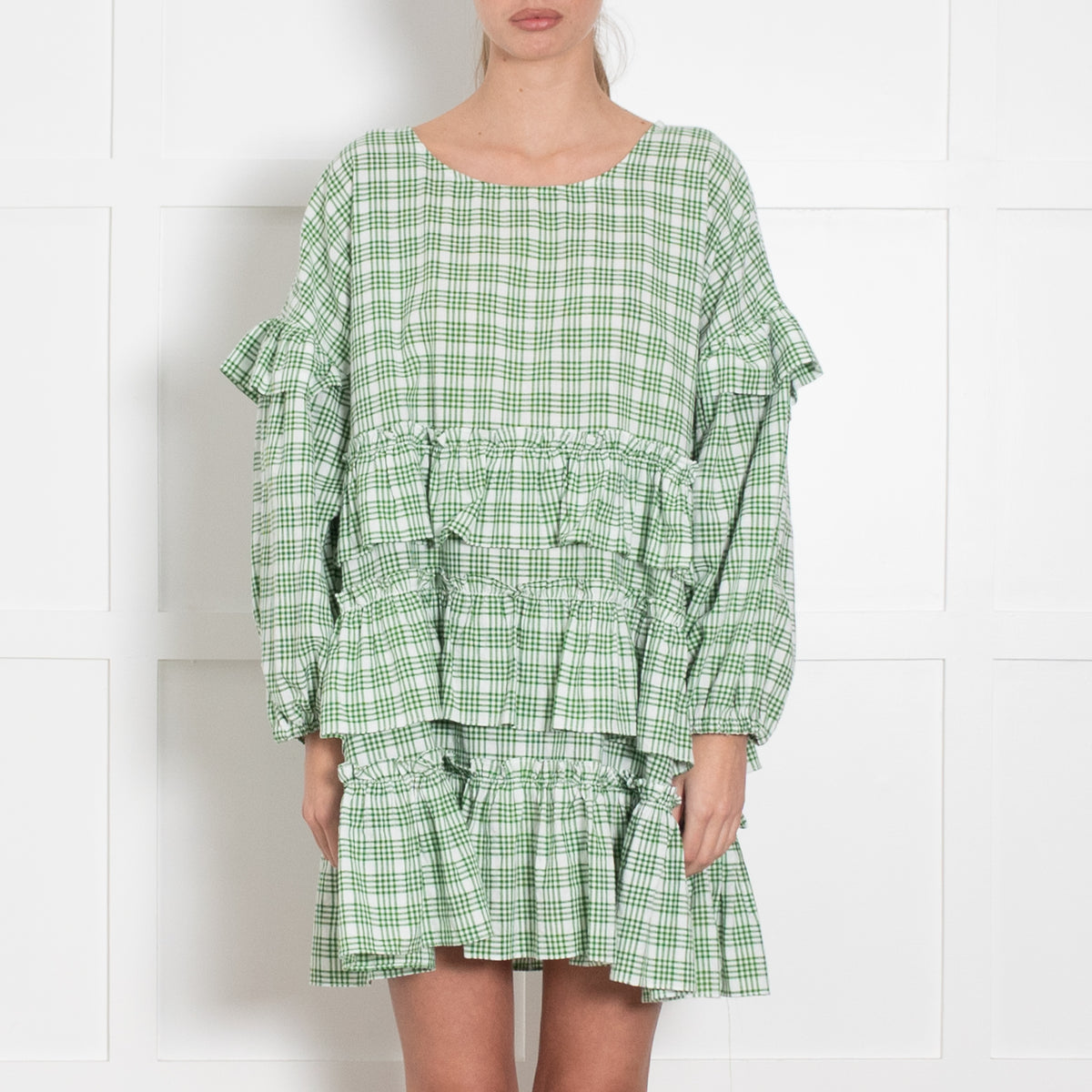 APT apartment clothing Green & White Check Tiered Short Dress