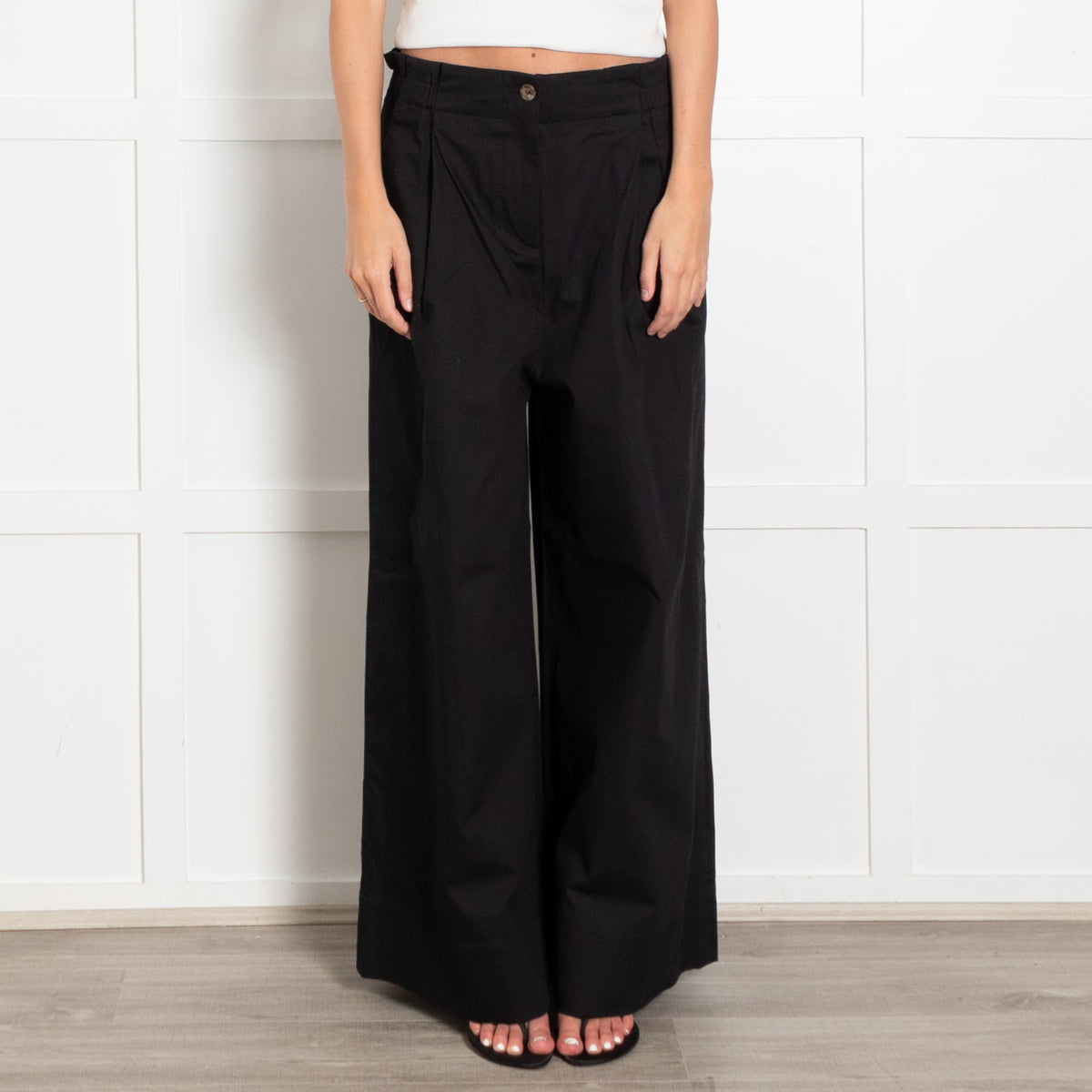 Merlette Black Cotton Cinch Waist Wide Leg Trousers