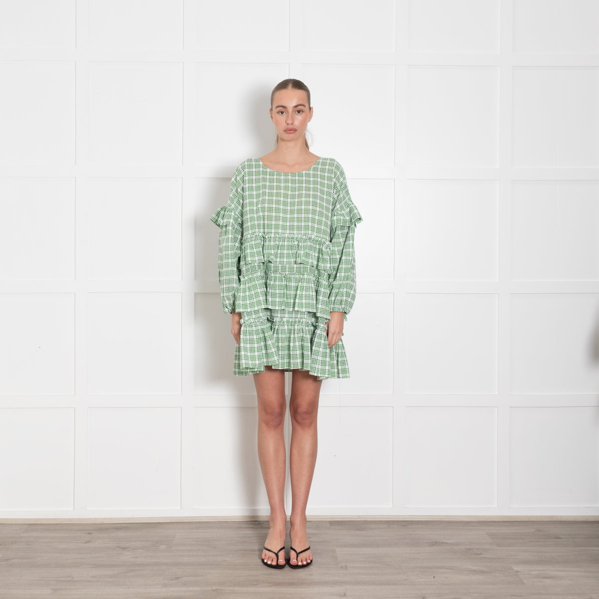 APT apartment clothing Green & White Check Tiered Short Dress