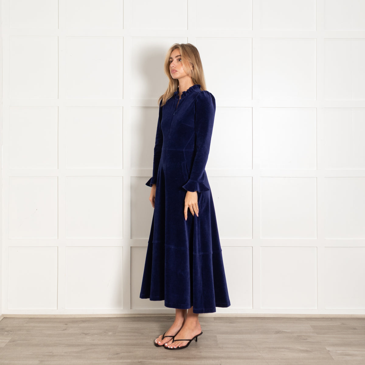 ME+EM Navy Blue Velvet Long-Sleeve Maxi Dress