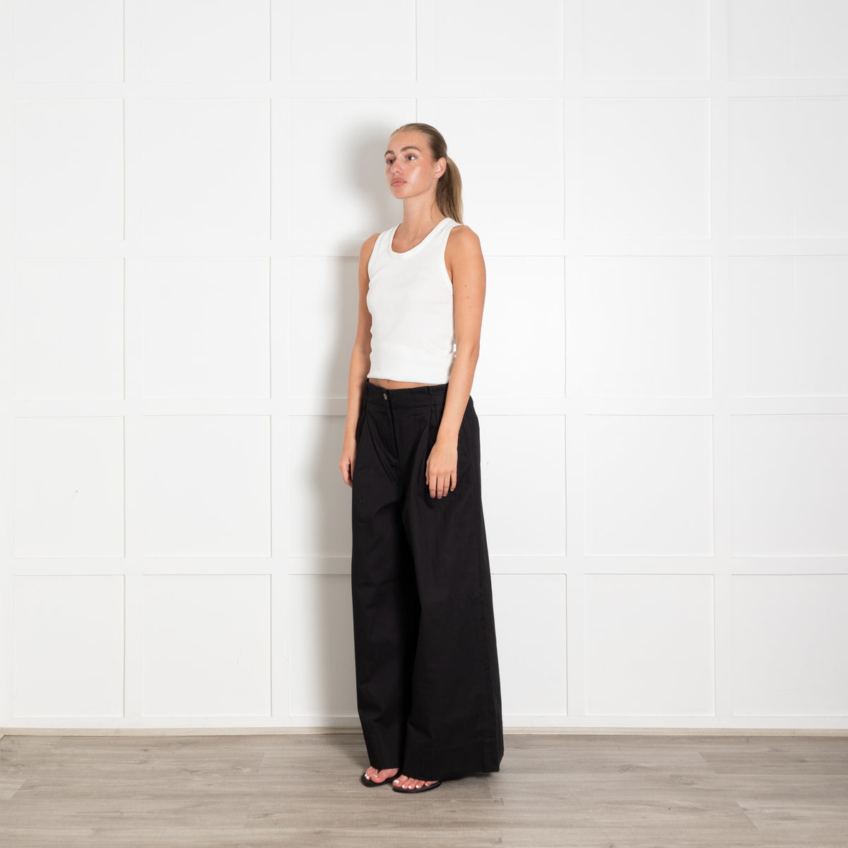 Merlette Black Cotton Cinch Waist Wide Leg Trousers