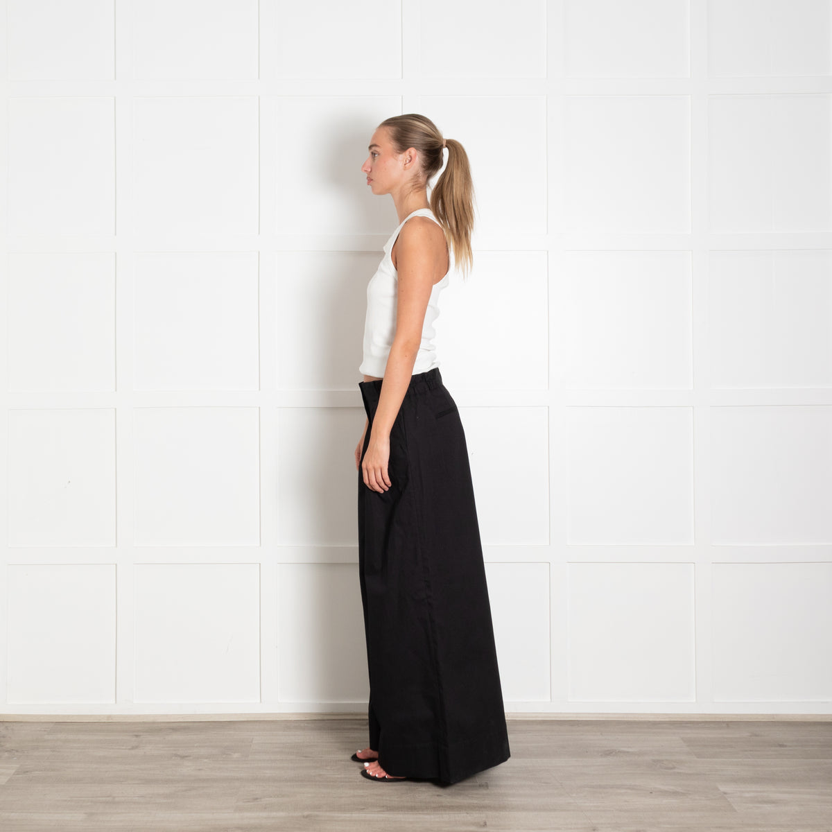 Merlette Black Cotton Cinch Waist Wide Leg Trousers