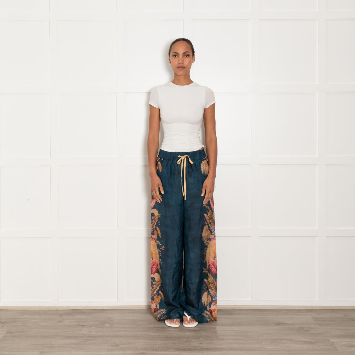 Zimmermann Teal Mustard Pink Floral Silk Trousers