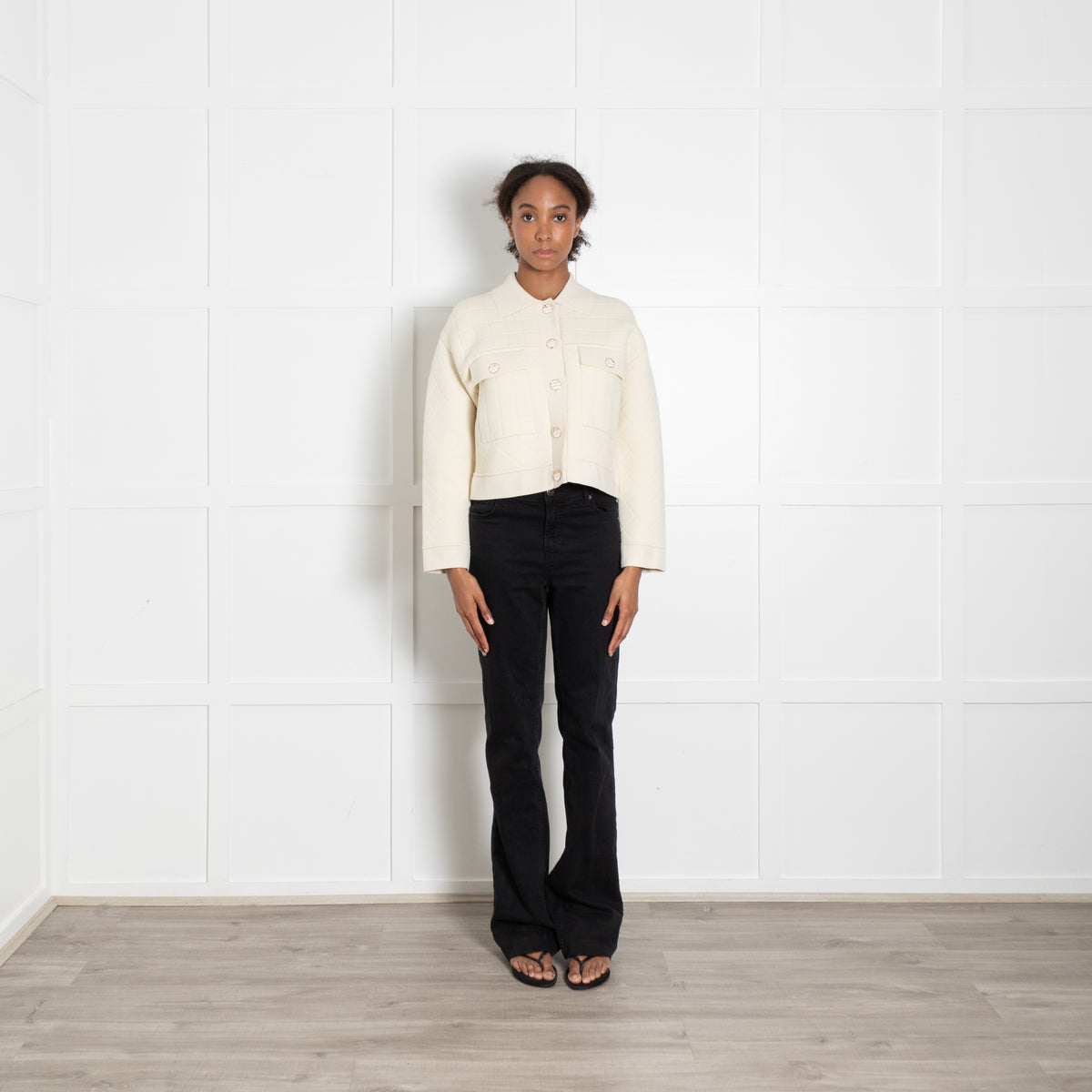 Sandro Cream Quilted Collared Knit Jacket