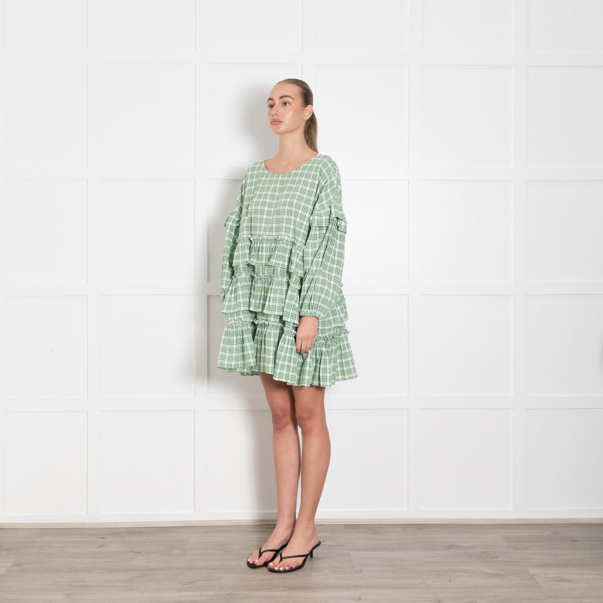 APT apartment clothing Green & White Check Tiered Short Dress
