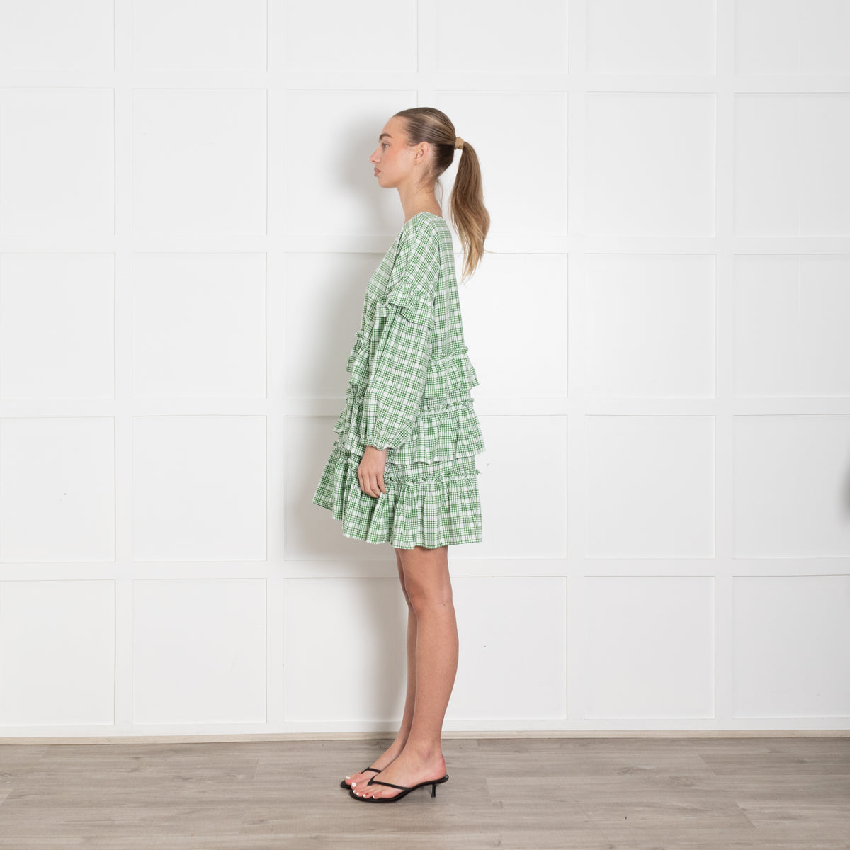 APT apartment clothing Green & White Check Tiered Short Dress