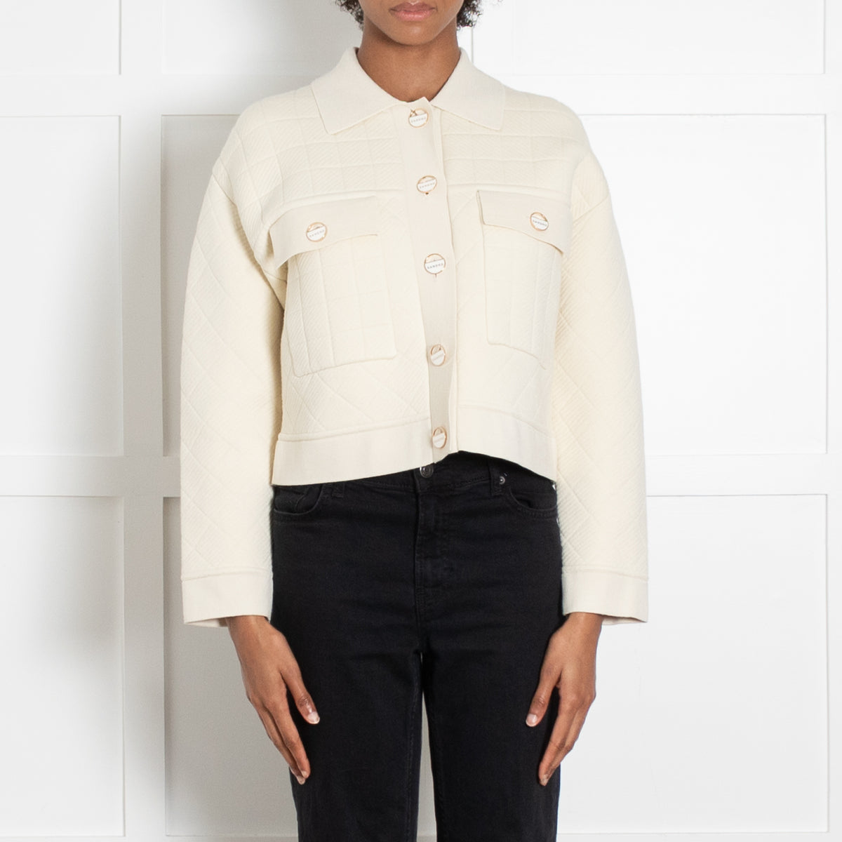 Sandro Cream Quilted Collared Knit Jacket