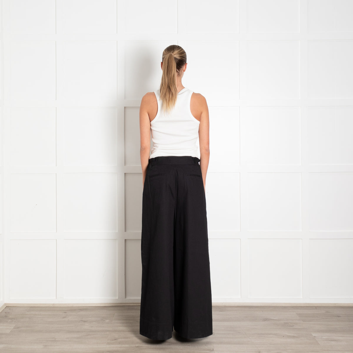 Merlette Black Cotton Cinch Waist Wide Leg Trousers