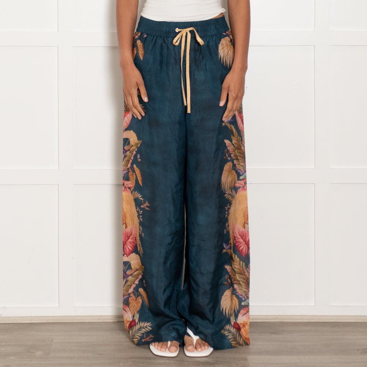 Zimmermann Teal Mustard Pink Floral Silk Trousers