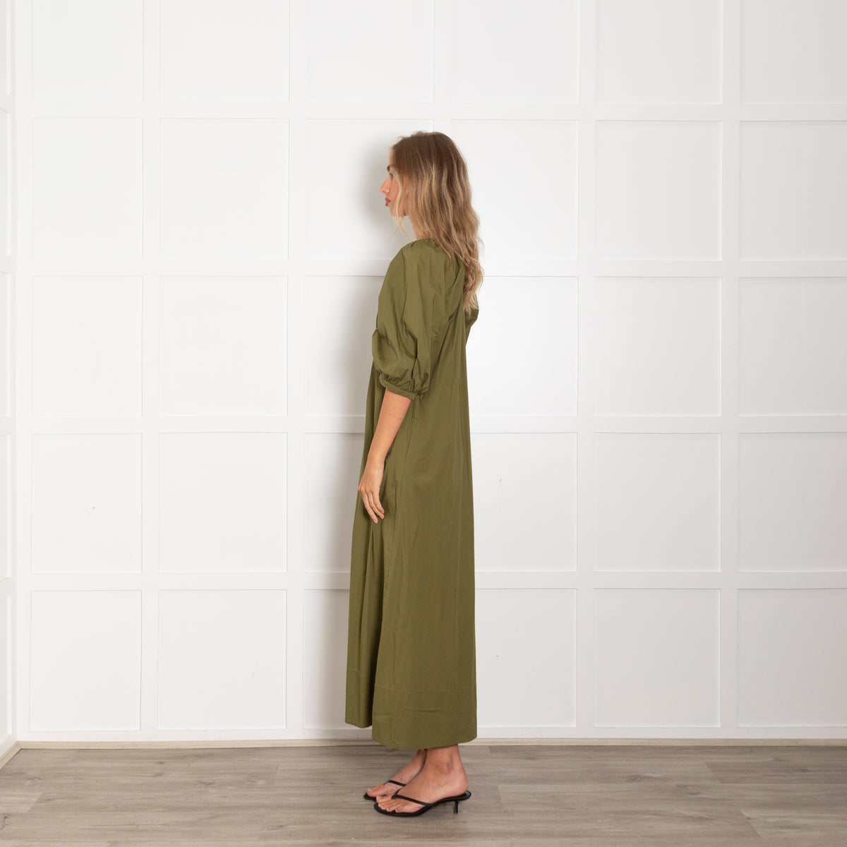 Staud Green Cotton Puff Sleeve Maxi Dress