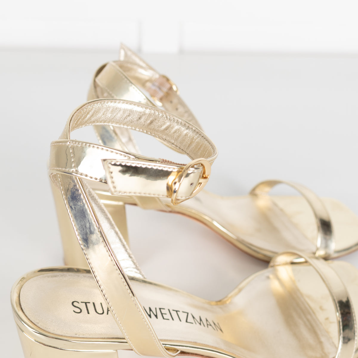 Stuart Weitzman Gold Block Heel Sandals