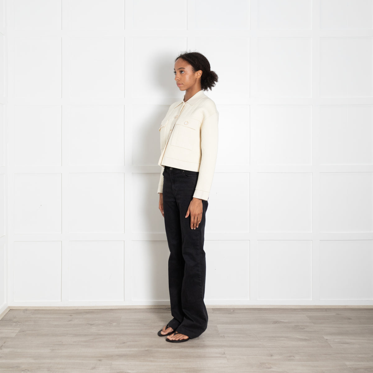 Sandro Cream Quilted Collared Knit Jacket