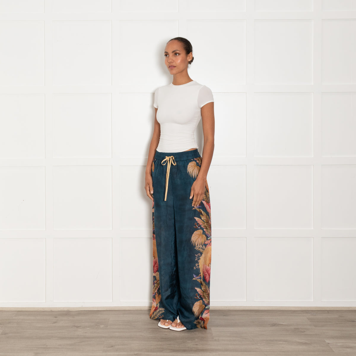 Zimmermann Teal Mustard Pink Floral Silk Trousers