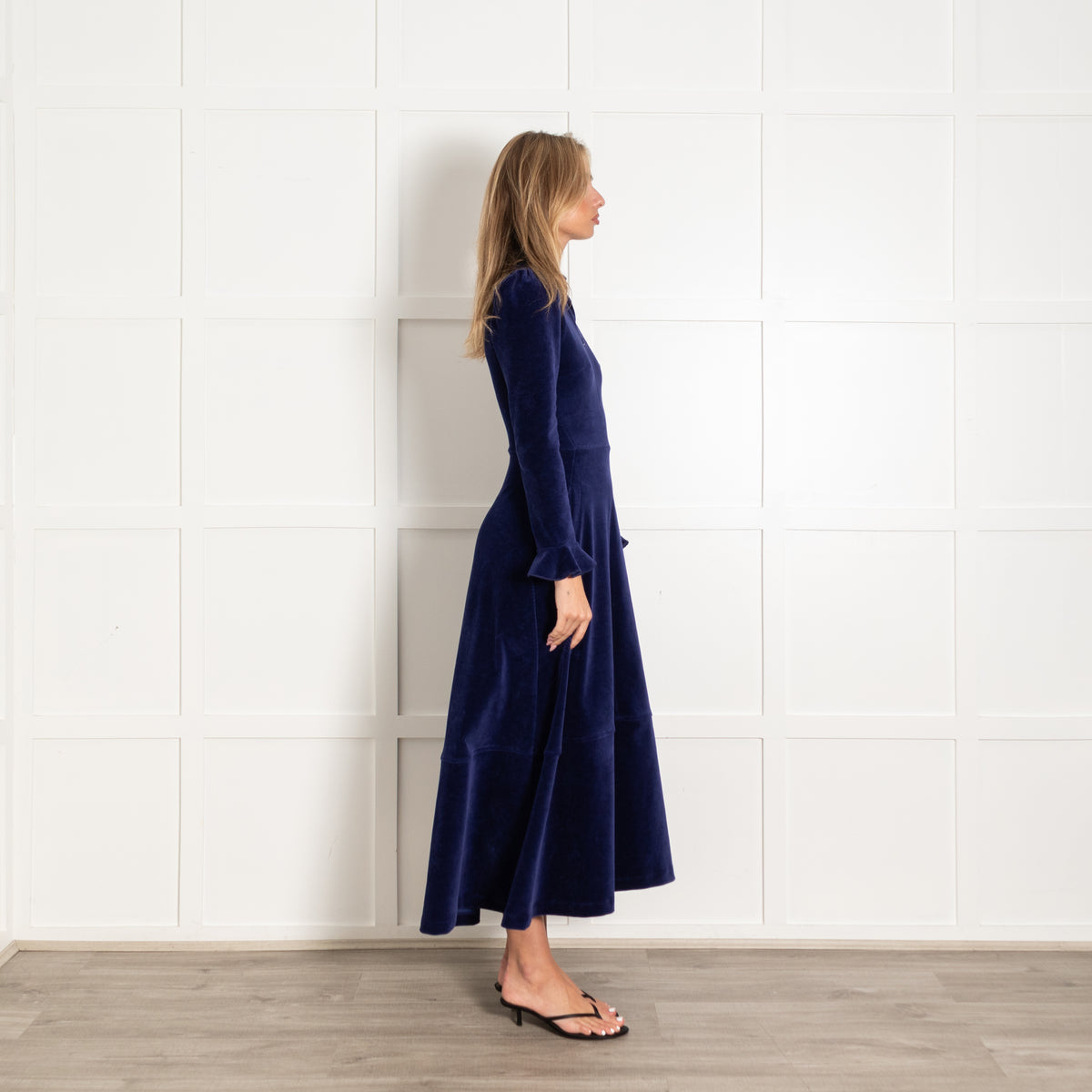 ME+EM Navy Blue Velvet Long-Sleeve Maxi Dress