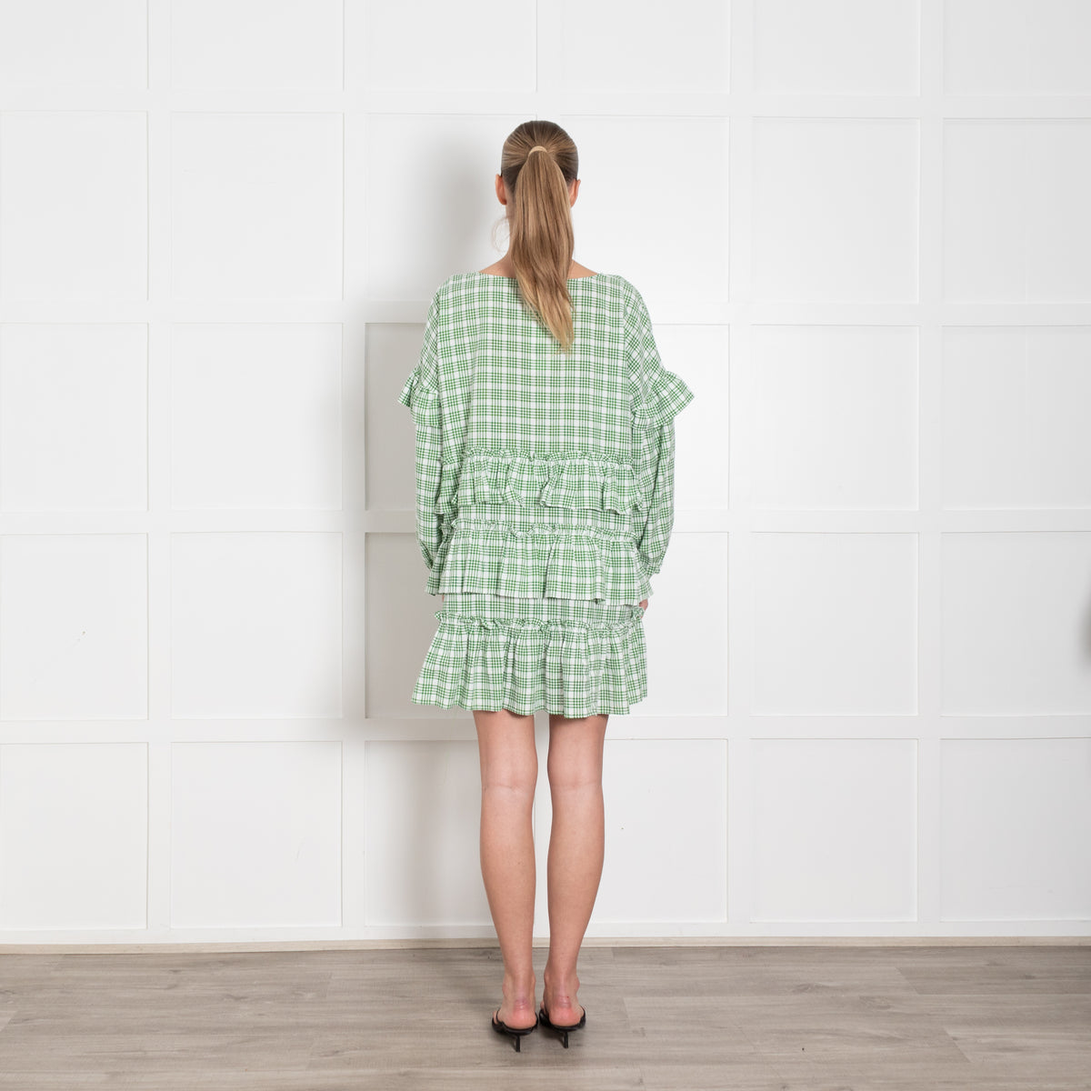 APT apartment clothing Green & White Check Tiered Short Dress