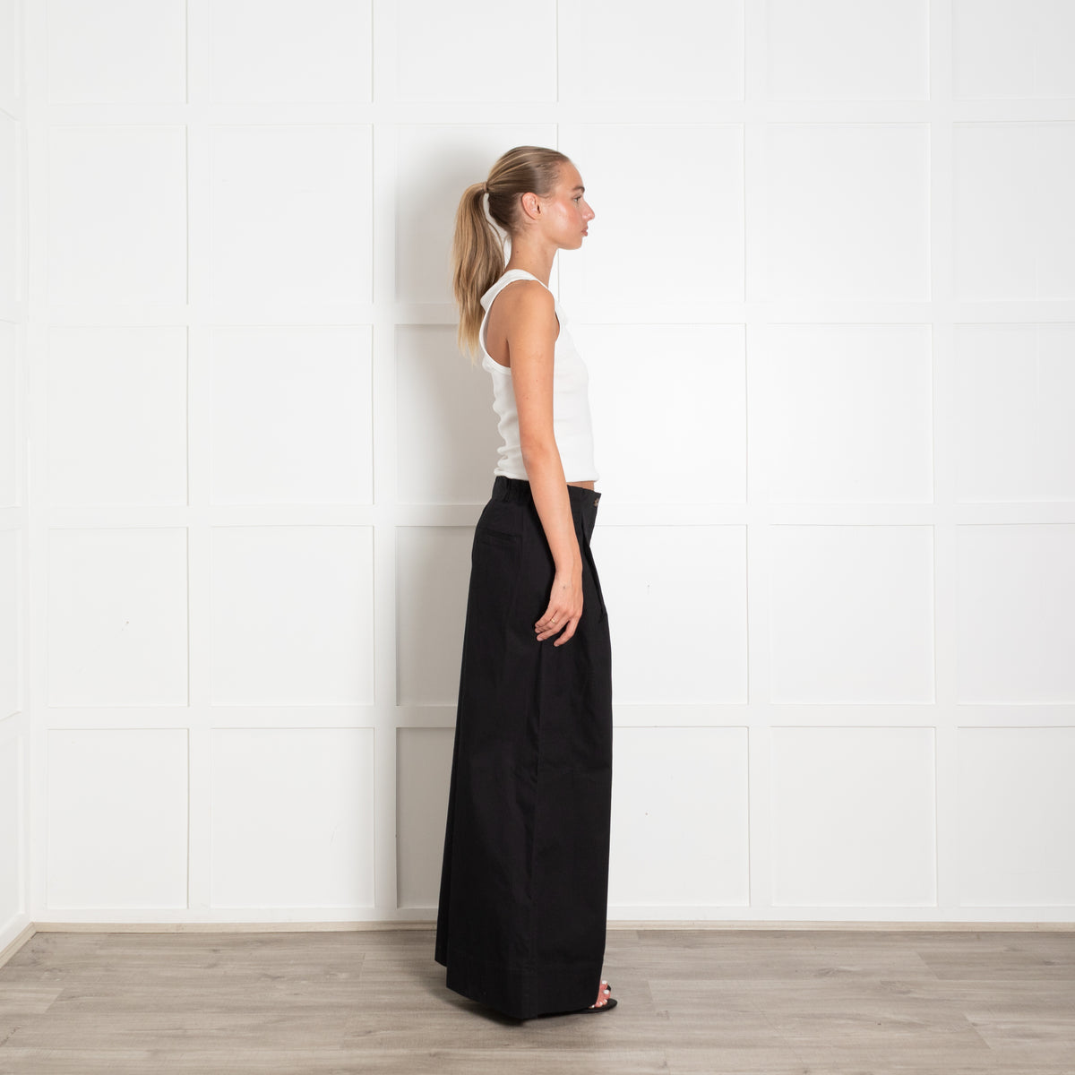 Merlette Black Cotton Cinch Waist Wide Leg Trousers