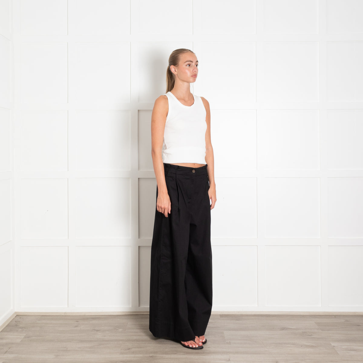 Merlette Black Cotton Cinch Waist Wide Leg Trousers