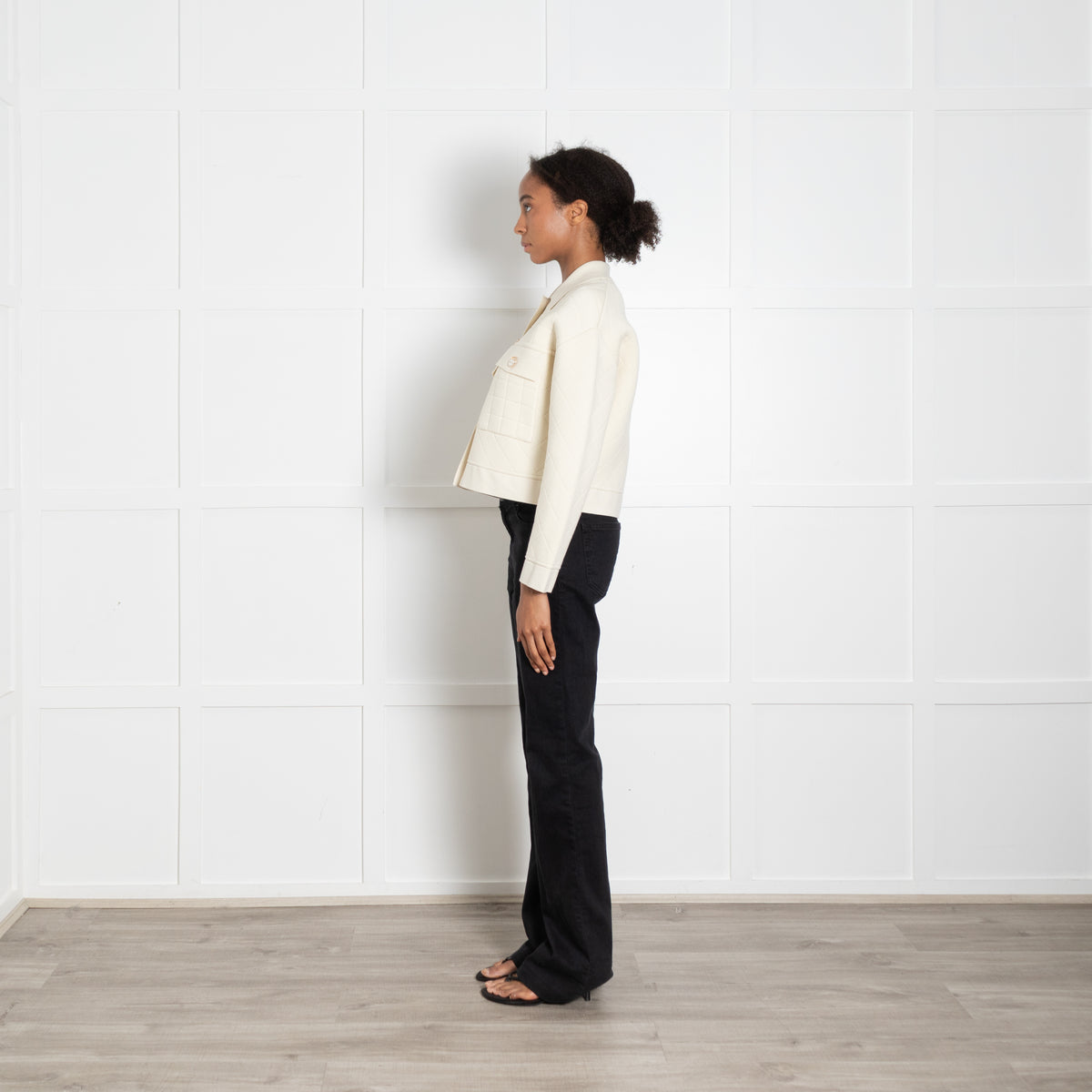 Sandro Cream Quilted Collared Knit Jacket
