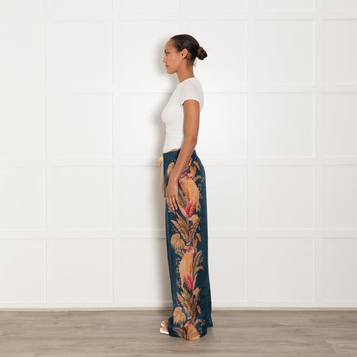 Zimmermann Teal Mustard Pink Floral Silk Trousers