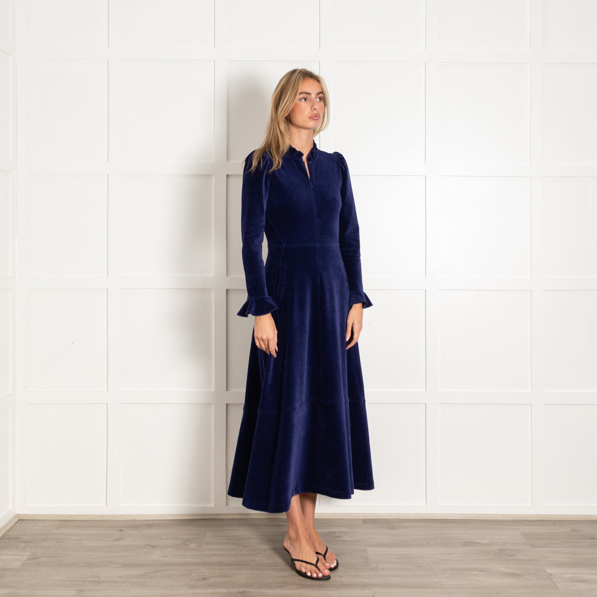 ME+EM Navy Blue Velvet Long-Sleeve Maxi Dress