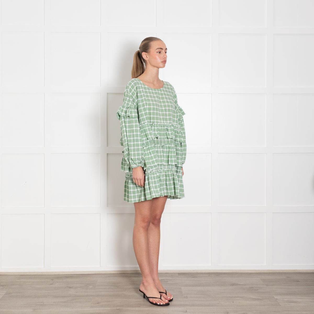 APT apartment clothing Green & White Check Tiered Short Dress