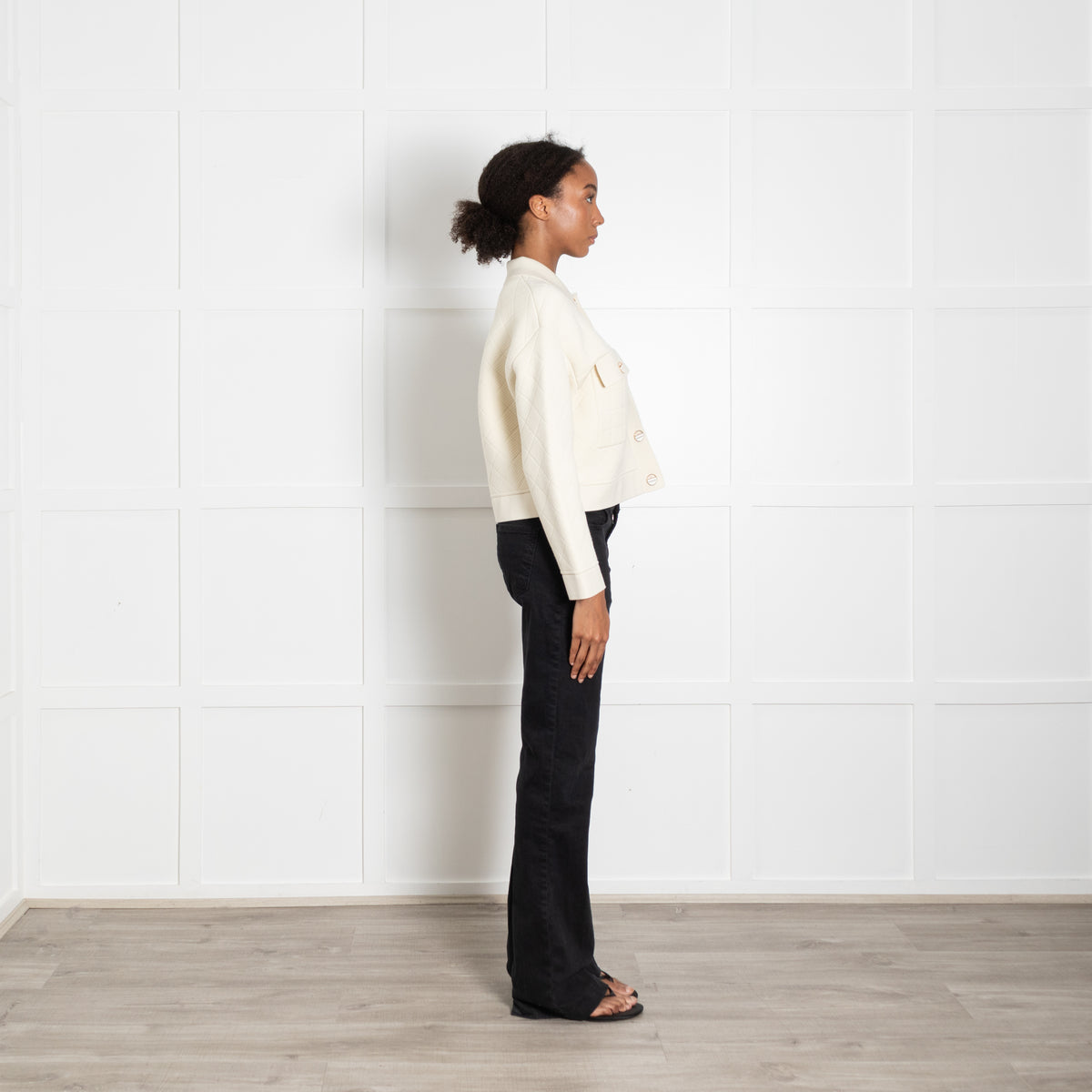 Sandro Cream Quilted Collared Knit Jacket