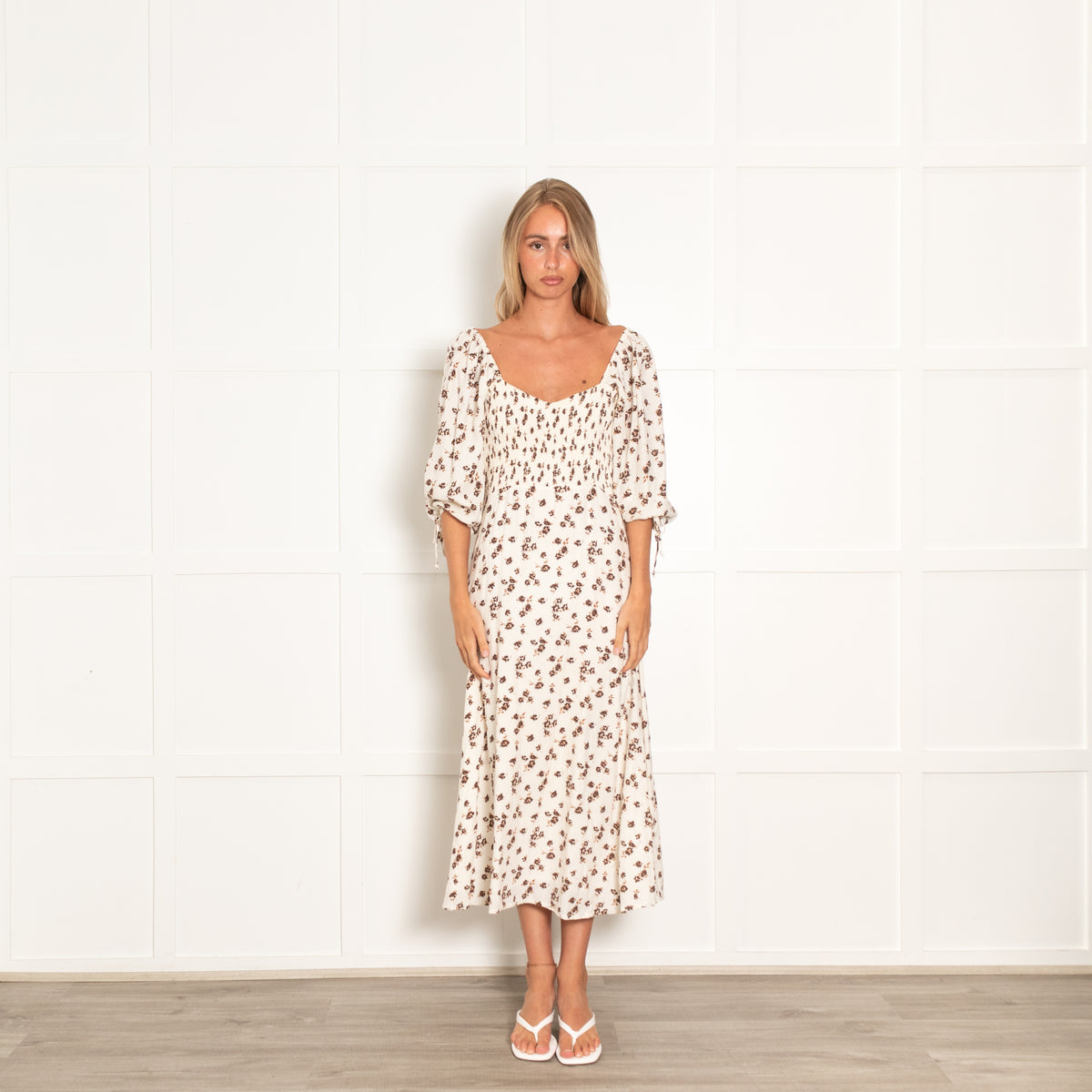 Faithfull The Brand Smocked Chocolate Brown Print Dress