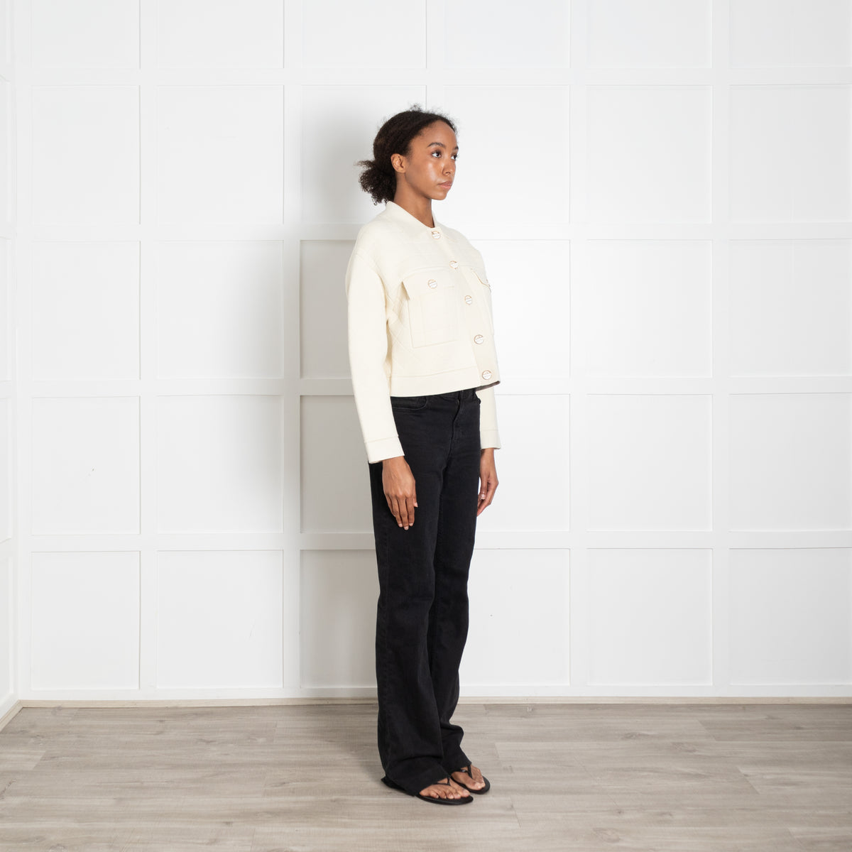Sandro Cream Quilted Collared Knit Jacket