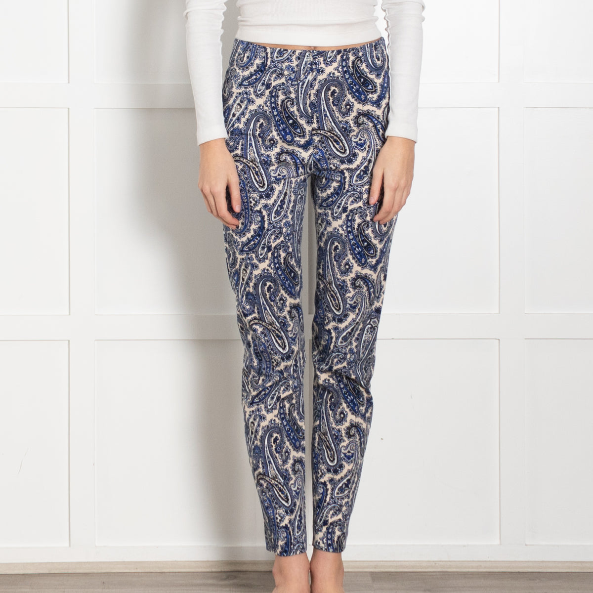 DVF Cream Blue Paisley Print Cotton Blend Trousers