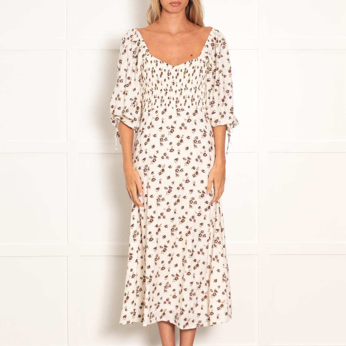 Faithfull The Brand Smocked Chocolate Brown Print Dress