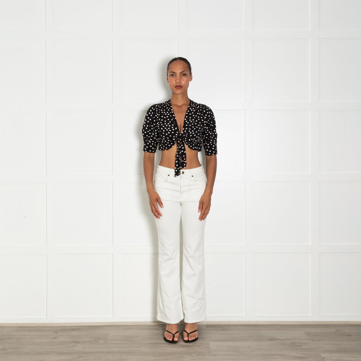 Rixo Black White Polka Dot Cropped Tie Front Top