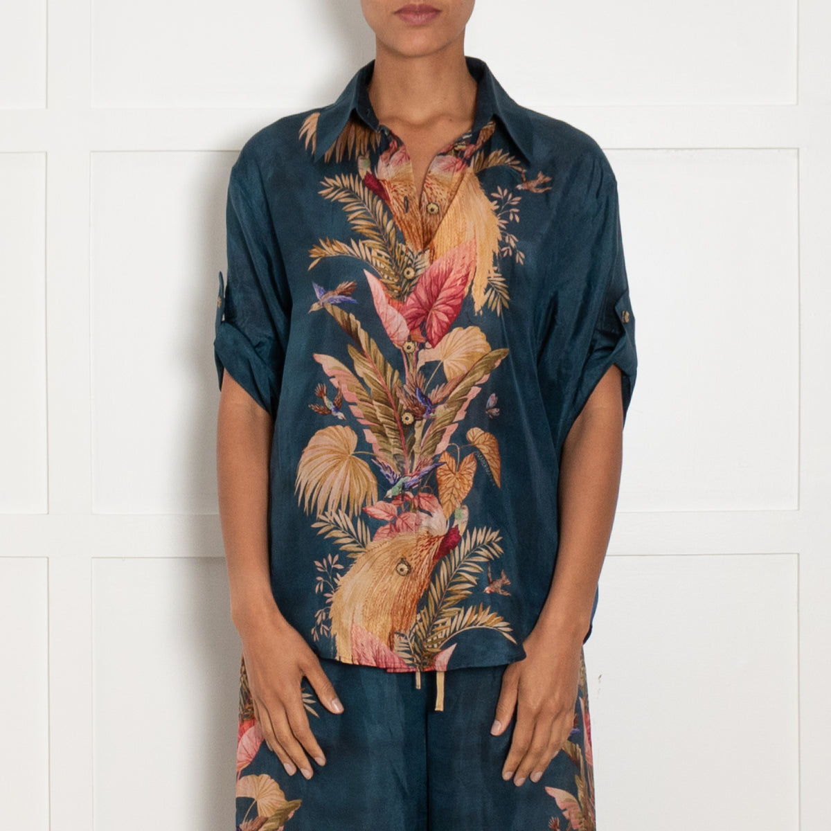 Zimmermann Teal Mustard Pink Floral Oversized Silk Shirt