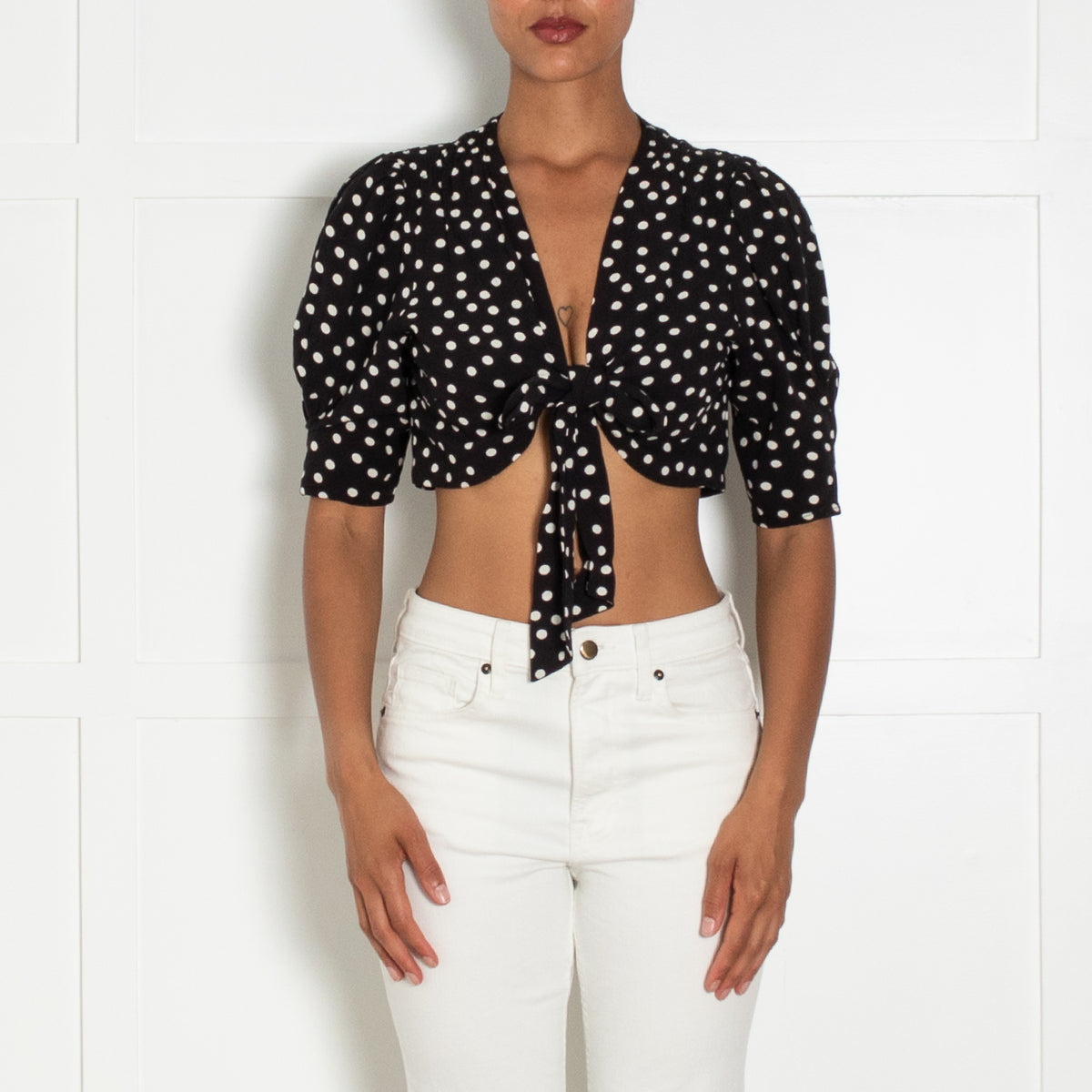 Rixo Black White Polka Dot Cropped Tie Front Top