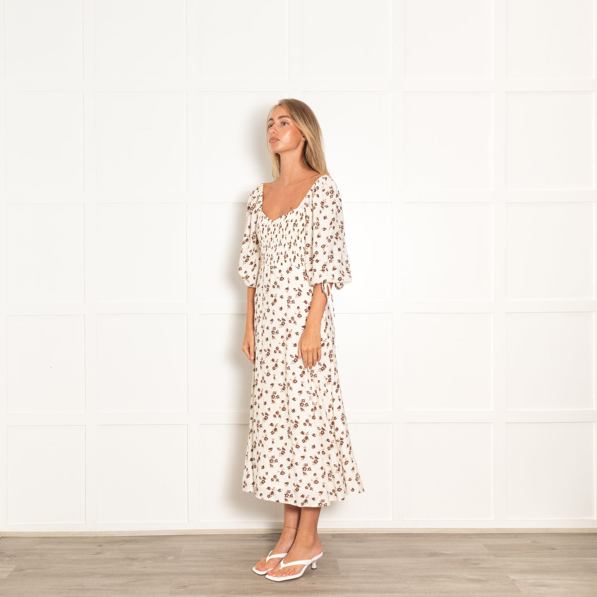 Faithfull The Brand Smocked Chocolate Brown Print Dress