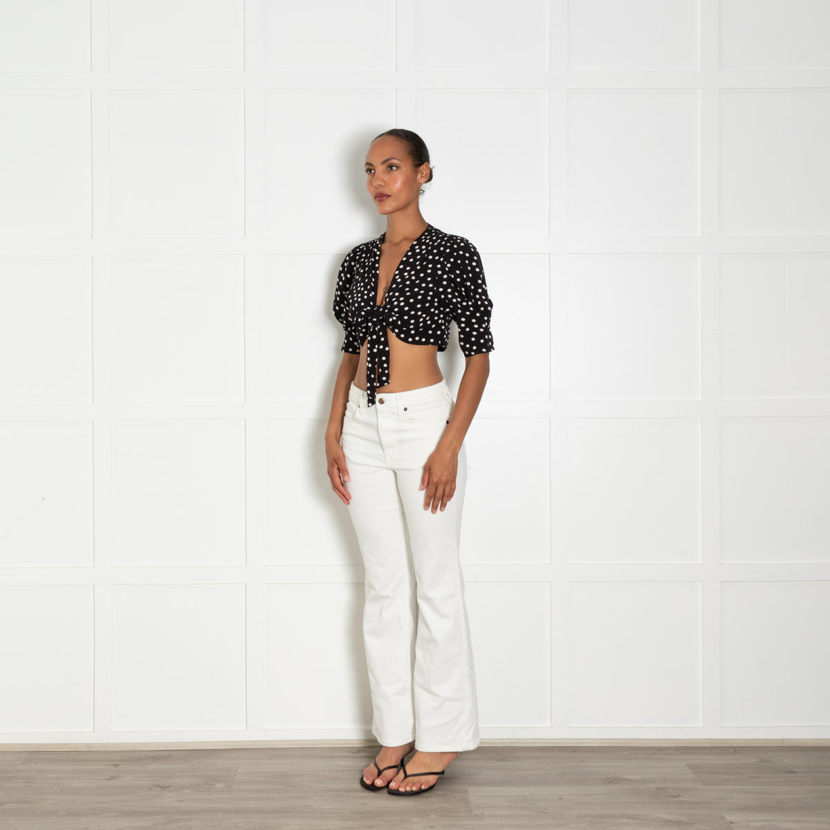 Rixo Black White Polka Dot Cropped Tie Front Top