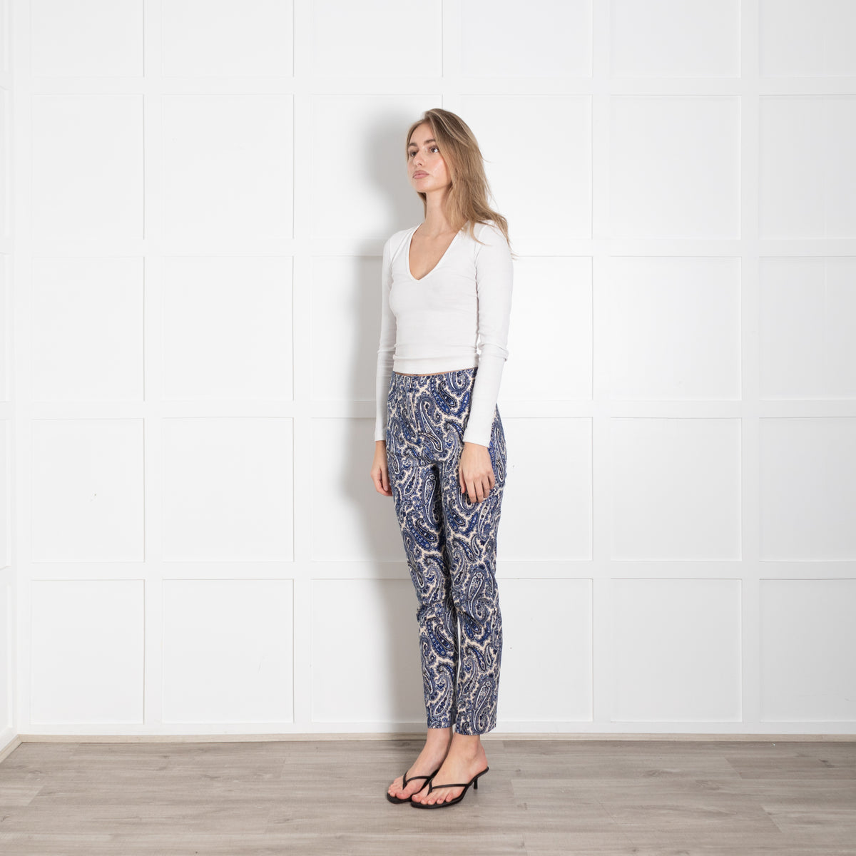 DVF Cream Blue Paisley Print Cotton Blend Trousers