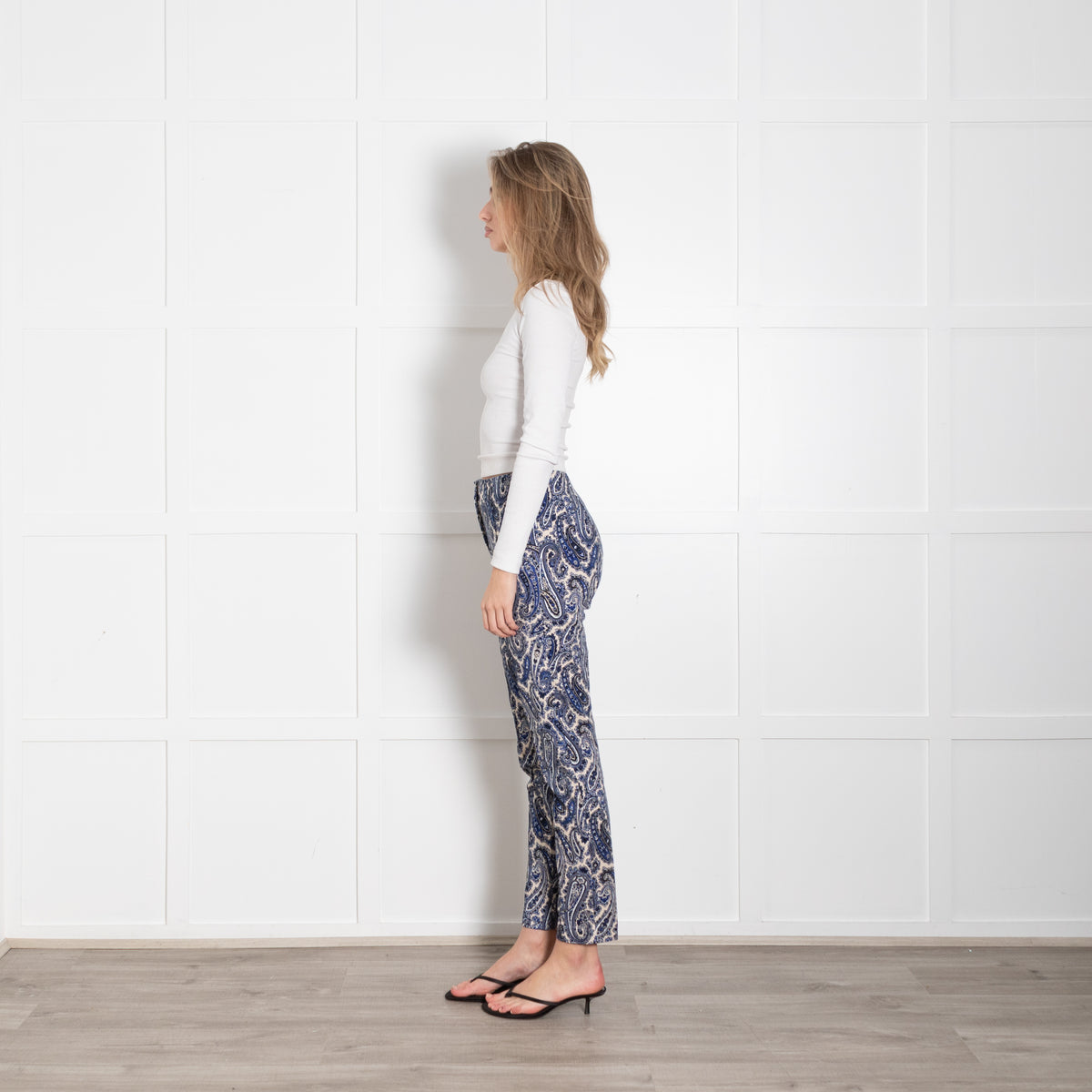 DVF Cream Blue Paisley Print Cotton Blend Trousers