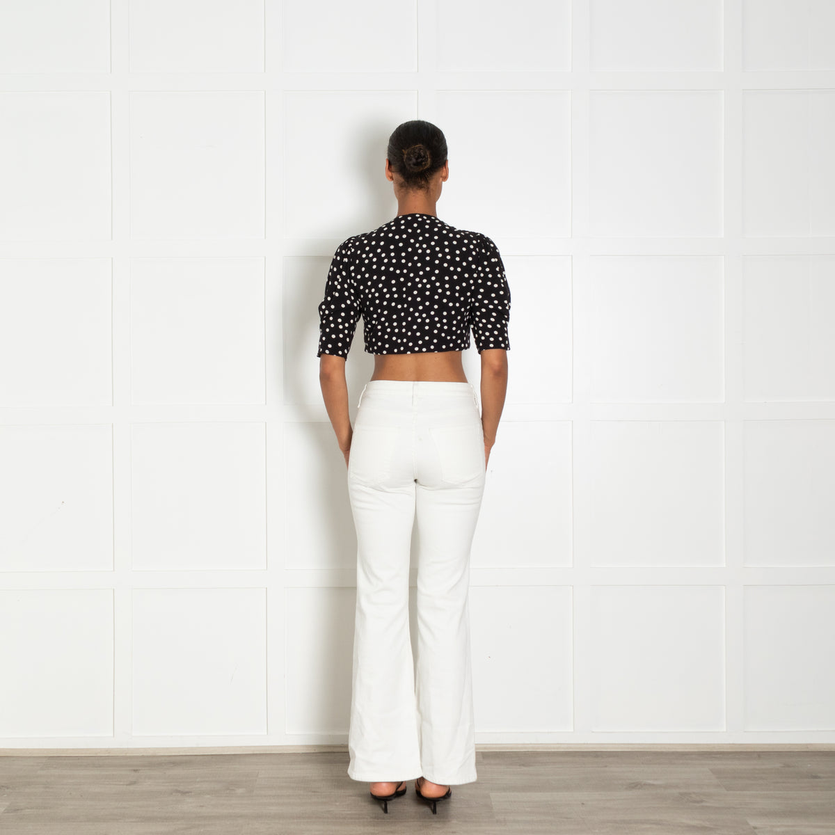 Rixo Black White Polka Dot Cropped Tie Front Top