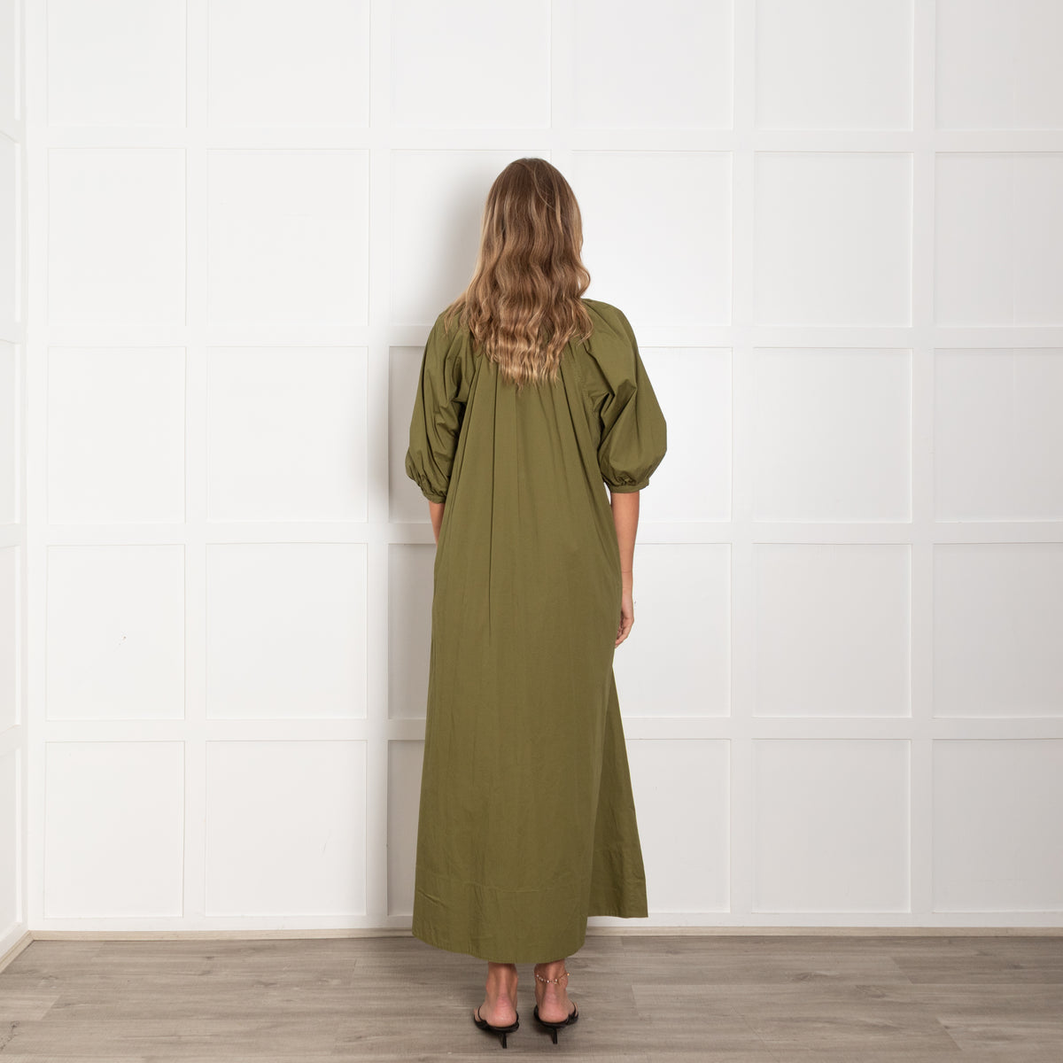 Staud Green Cotton Puff Sleeve Maxi Dress