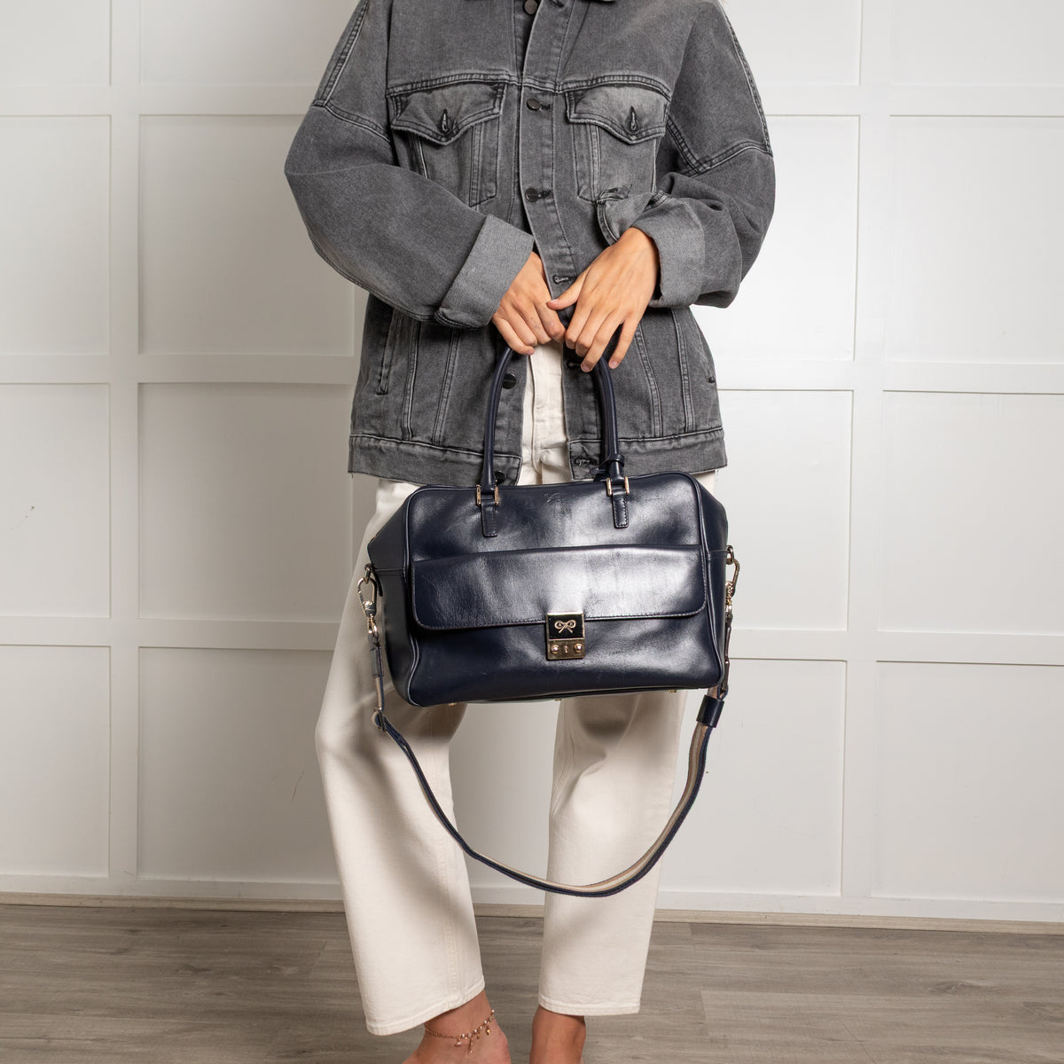 Anya Hindmarch Navy Blue Leather Carker Satchel Bag