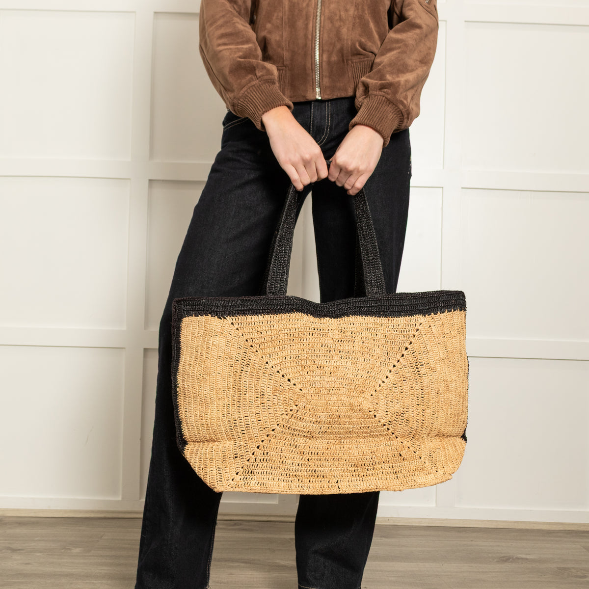 Me + Em Soft Black & Beige Raffia Tote