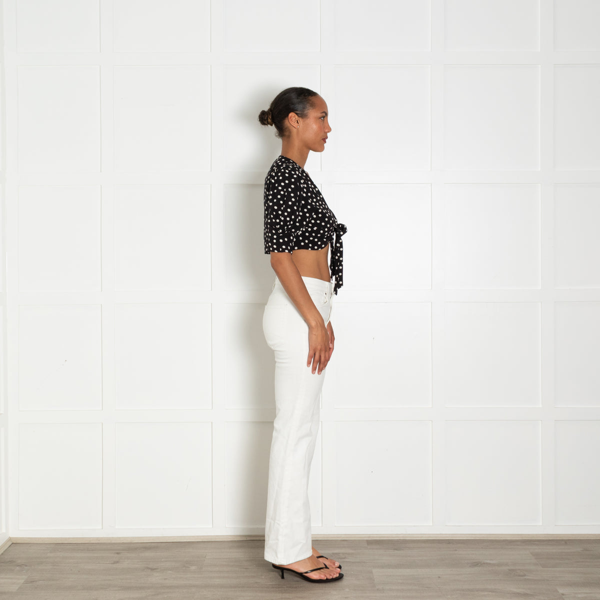 Rixo Black White Polka Dot Cropped Tie Front Top