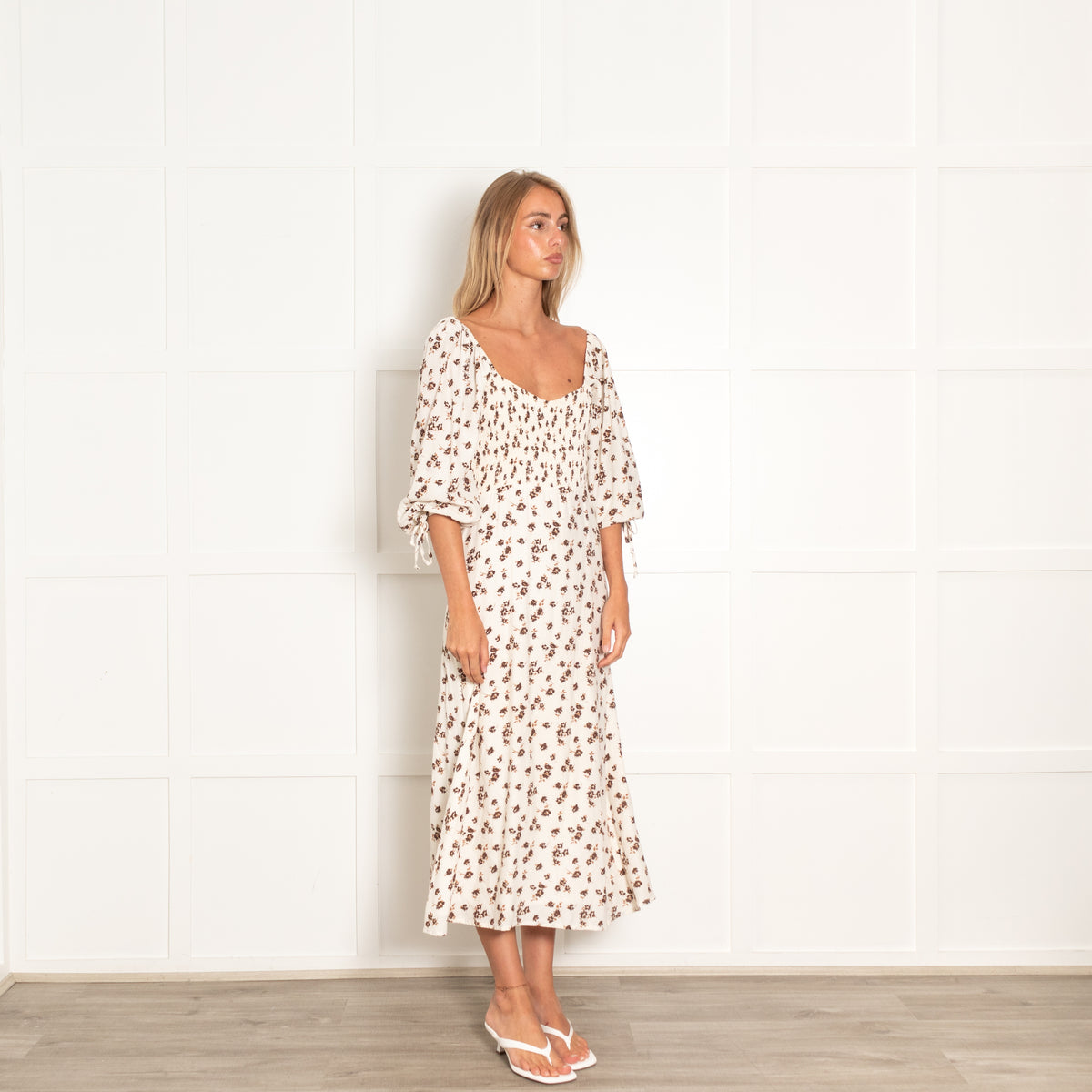 Faithfull The Brand Smocked Chocolate Brown Print Dress