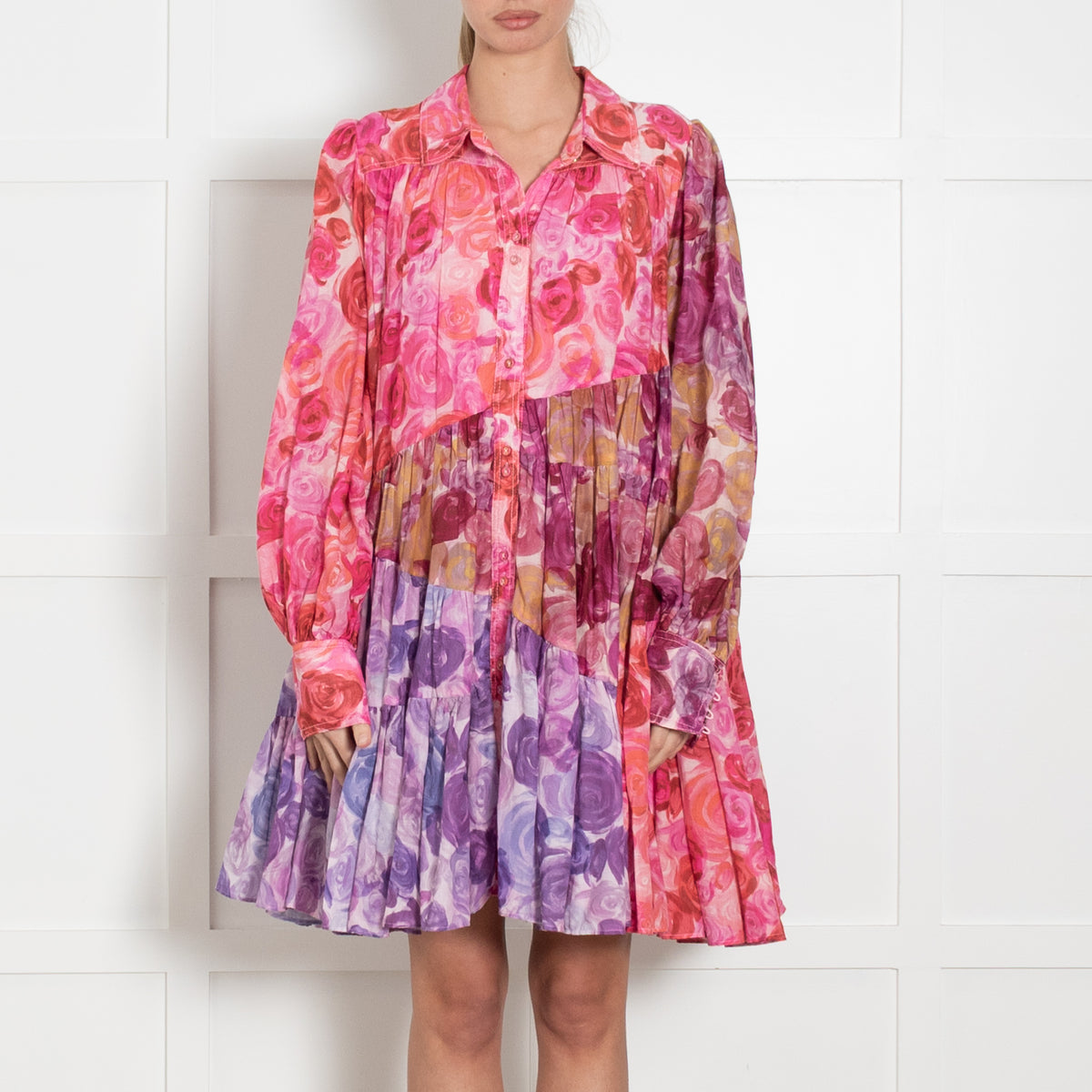Aje Multicoloured Print Tiered Short Dress With Long Sleeves
